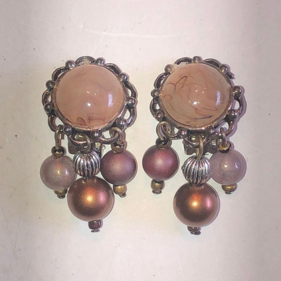 Vintage Silver Tone & Neutral Tone Beaded Dangling Boho Clip On Earrings - Picture 1 of 6